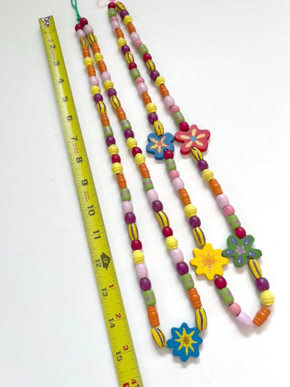 2 Wooden Beaded Necklaces Colorful Flower Charm Boho Bali Jewelry